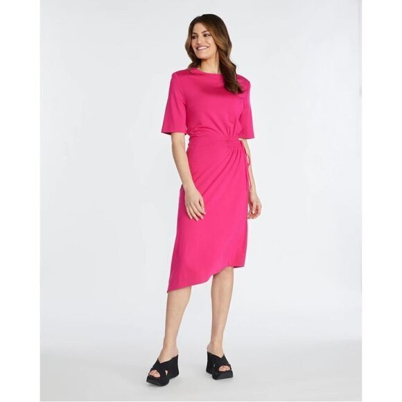 🆕 Badgley Mischka Shoulder Pad T-Shirt Dress With Side Detail in Hot Pink - Picture 1 of 11